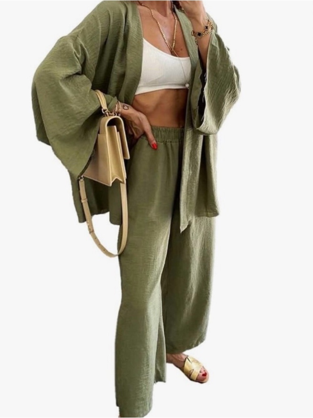 Aerie Linen Matching Set Wide-Leg Pants with slit and jacket. BLUE Color